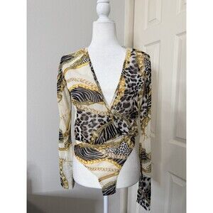 Day G Mesh Sheer Leopard Chain Print Surplice Bodysuit Women Size M Y2K